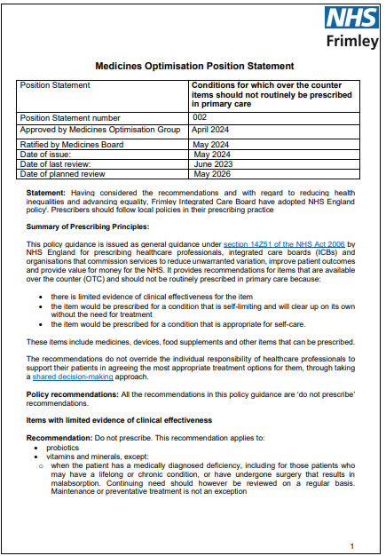 002 MOG Position Statement - Items which should not routinely be prescribed in primary care