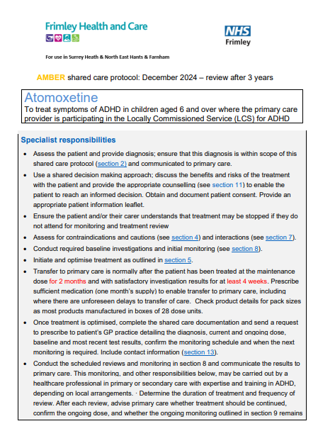 Atomoxetine shared care for CYP (SABP)