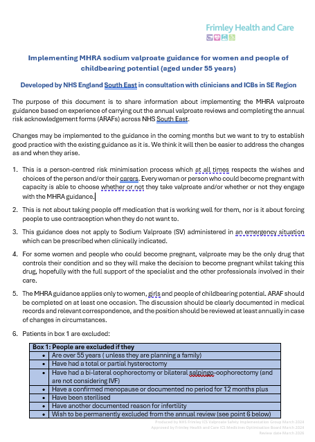 NHS Frimley guidance to support implementation of the changes in legislation for valproate prescribing for women and people of childbearing potential