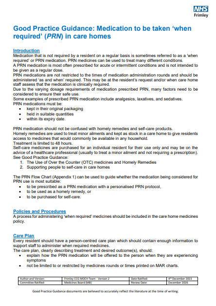 Medication to be taken when required (PRN) in care homes - good practice guide