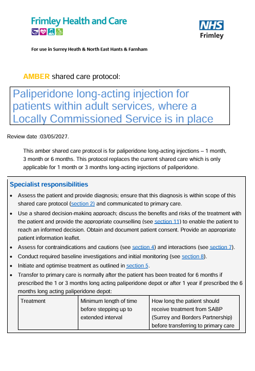 Paliperidone long acting injection for schizophrenia- shared care (SABP)