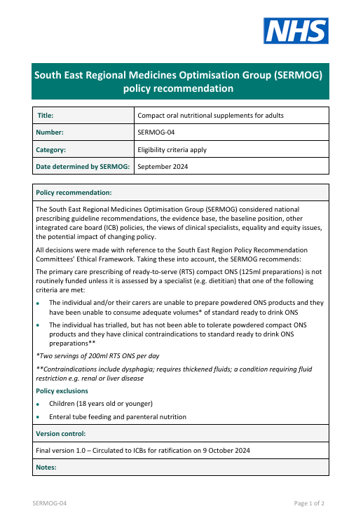 SERMOG 04 Compact oral nutritional supplements (ONS) for adults