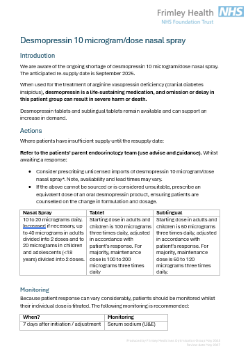 Desmopressin 10 microgram dose nasal spray- supply problems