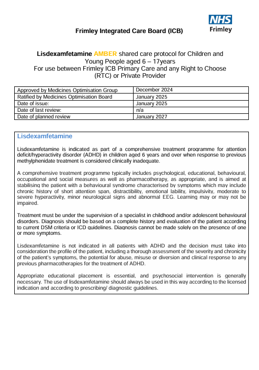 Lisdexamfetamine- shared care for CYP (Psicon)