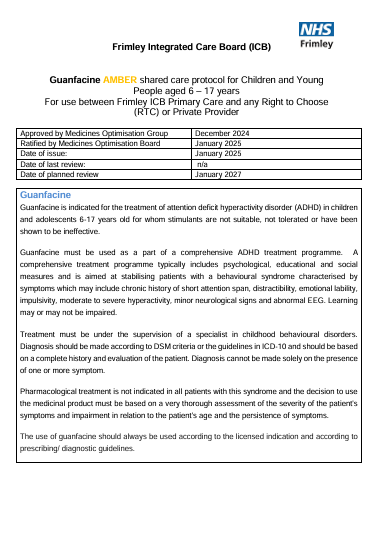 Guanfacine - shared care  for CYP (Psicon)