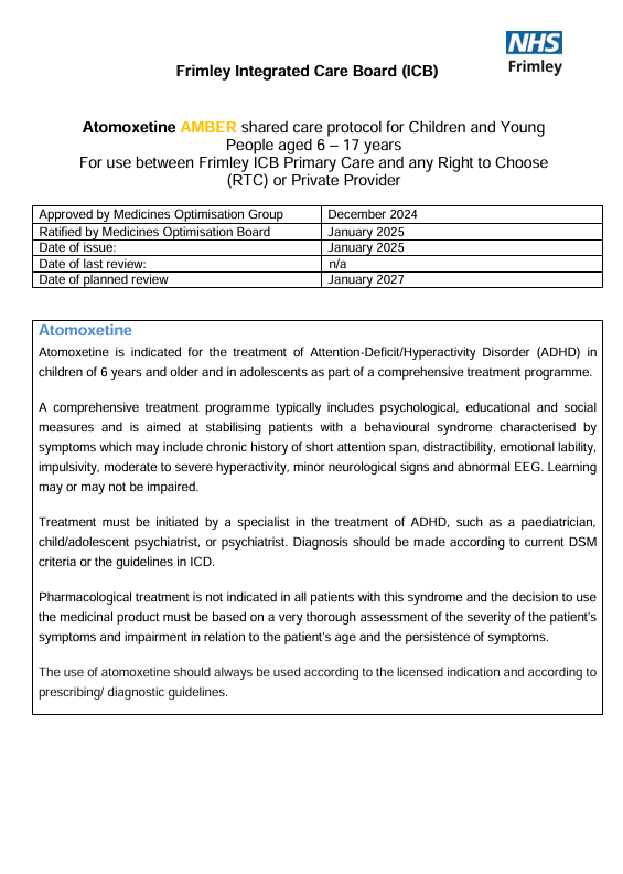 Atomoxetine-shared care for CYP (Psicon)