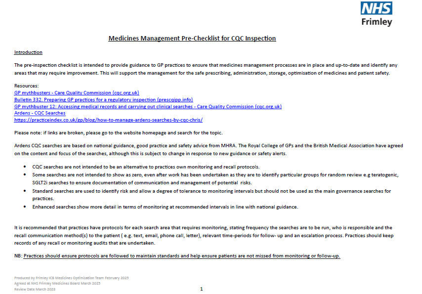 Medicines management pre checklist for CQC inspection