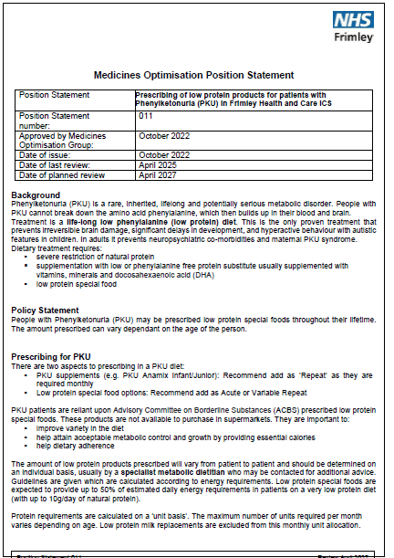 011 MOG Position Statement- prescribing low protein products for phenylketonuria (PKU)