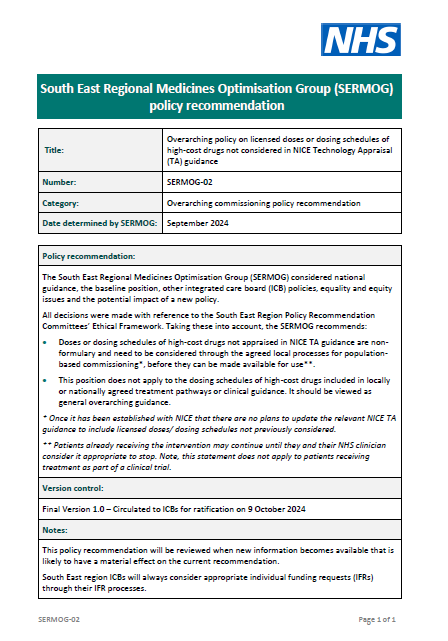 SERMOG 02 Policy on licensed doses or dosing schedules of high cost drugs not considered in NICE Technology Appraisal (TA) guidance