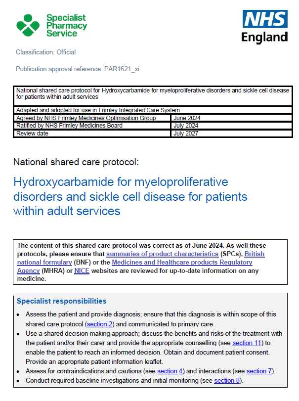 Hydroxycarbamide for myeloproliferative disorders and sickle cell- shared care