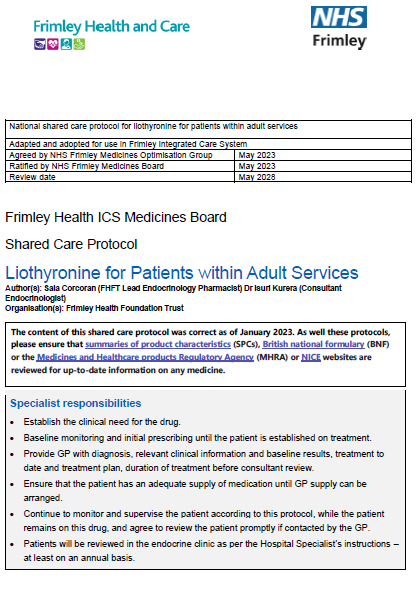 Liothyronine for hypothyroidism in adults - shared care