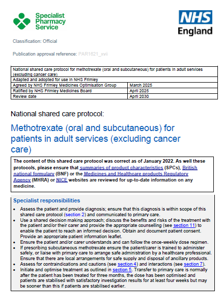 Methotrexate (oral and subcutaneous) for patients in adult services (excluding cancer care)- shared care