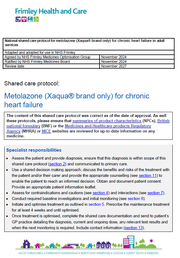 Metolazone (Xaqua® brand only) for chronic heart failure in adult services- shared care