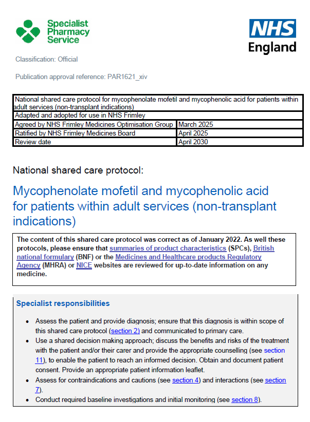 Mycophenolate for patients within adult services (non-transplant indications) - shared care