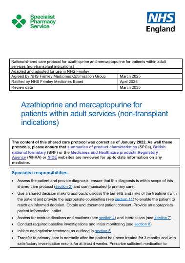 Azathioprine and mercaptopurine for patients within adult services (non transplant indications)