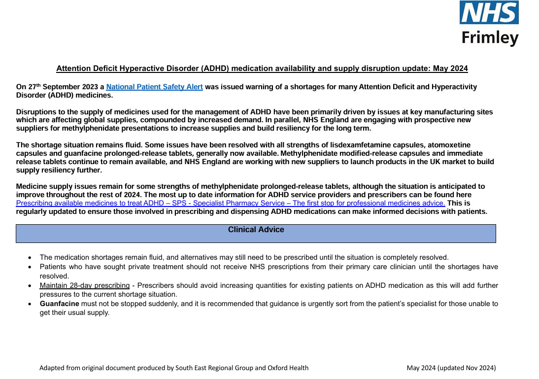 ADHD medication shortages- resources for practices