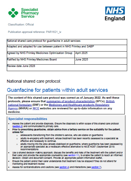 Guanfacine in adult services-shared care (SABP)