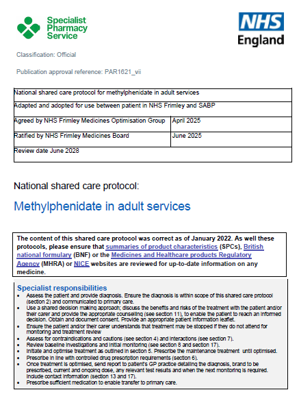 Methylphenidate in adult services - shared care (SABP)