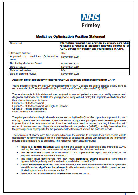 025 MOG Position Statement- Information required from provider by primary care when  receiving a request to prescribe following referral to an ADHD service for children and young people (CAYP)