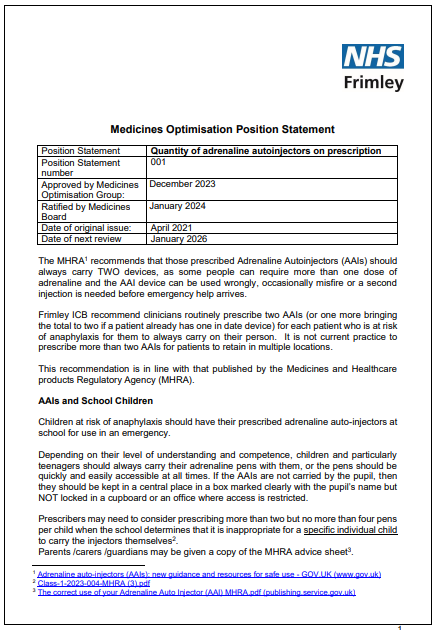 001 MOG Position Statement - Adrenaline autoinjector supply