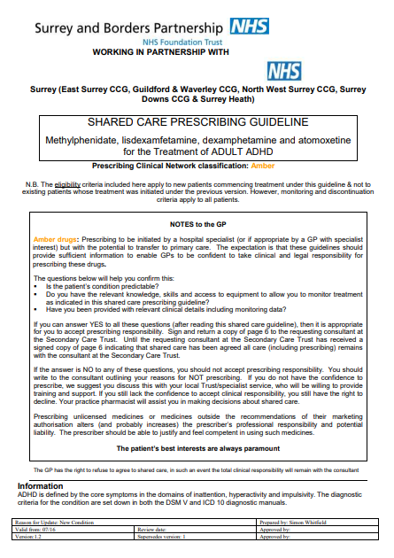 Methylphenidate, lisdexamfetamine, dexamphetamine and atomoxetine - shared care SABP ( adults)