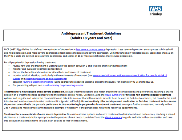 Antidepressant treatment algorithm (adults >18 yrs)