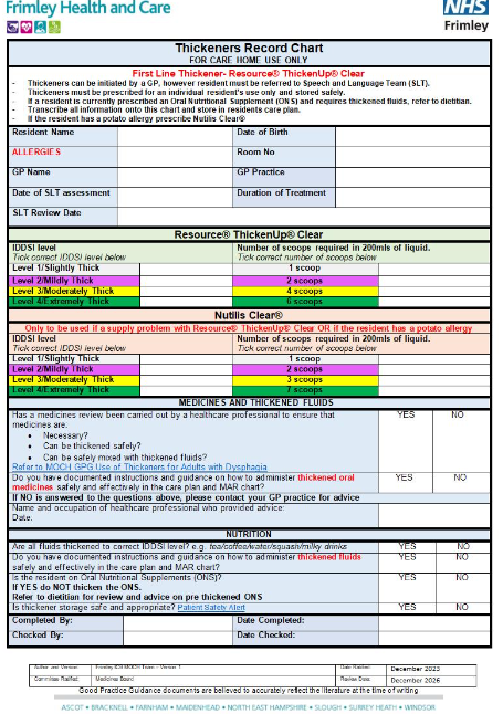 Thickeners record chart for care homes