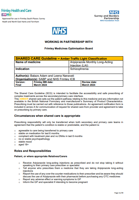Aripiprazole long acting injection for schizophrenia- shared care