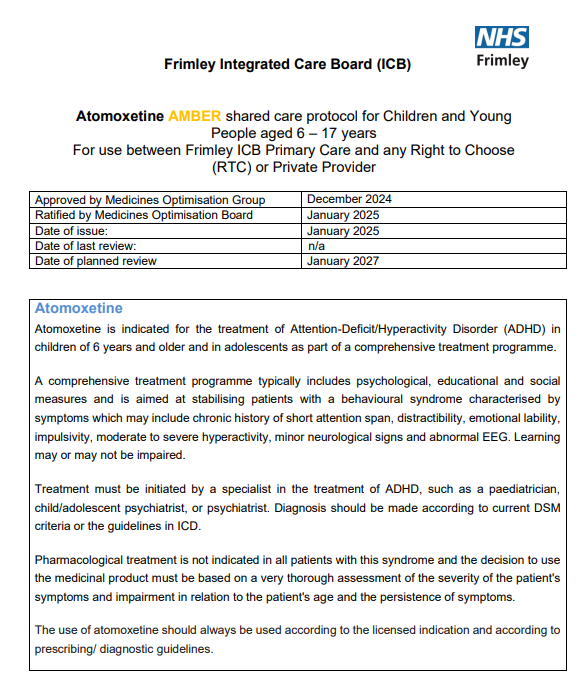 Atomoxetine- shared care for CYP. For use between Frimley ICB primary care and RTC