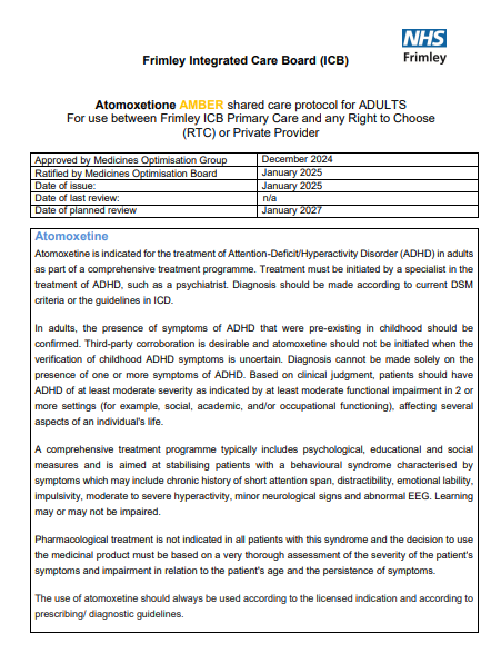 Atomoxetine- shared care for ADULTS. For use between Frimley ICB primary care and RTC