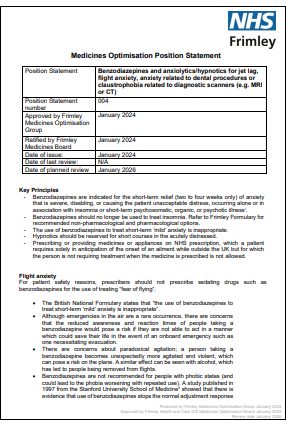 004 MOG Position Statement- Use of benzodiazepines and anxiolytics/hypnotics for jet lag, flight anxiety, anxiety related to dental procedures or claustrophobia related to diagnostic scanners