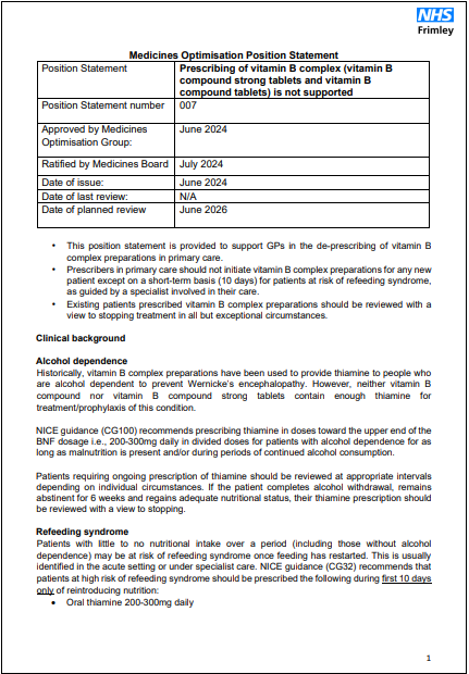 007 MOG Position Statement- Prescribing of vitamin B complex