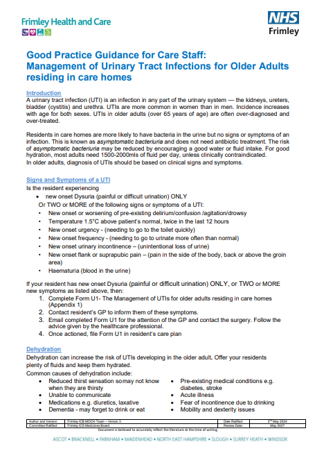 Management of UTIs- a good practice guide for care home staff