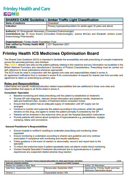 Cinacalcet for primary hyperparathyroidism in adults- shared care