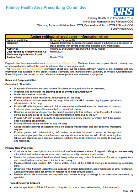 Degarelix- amber no shared care- information sheet