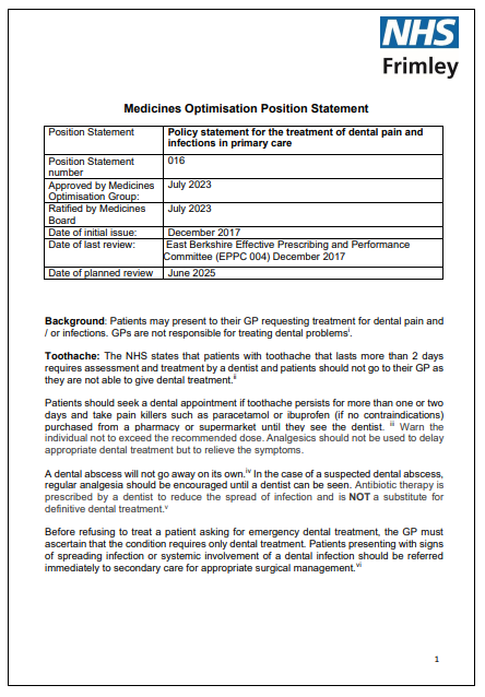 016 MOG Position Statement- Treatment of dental pain and infections in primary care