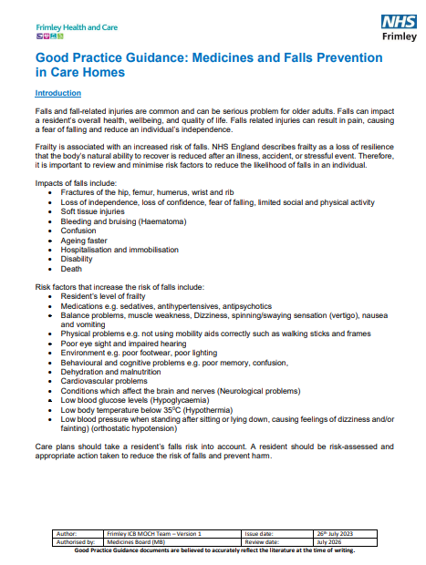 Medicines and falls prevention in care homes- good practice guide