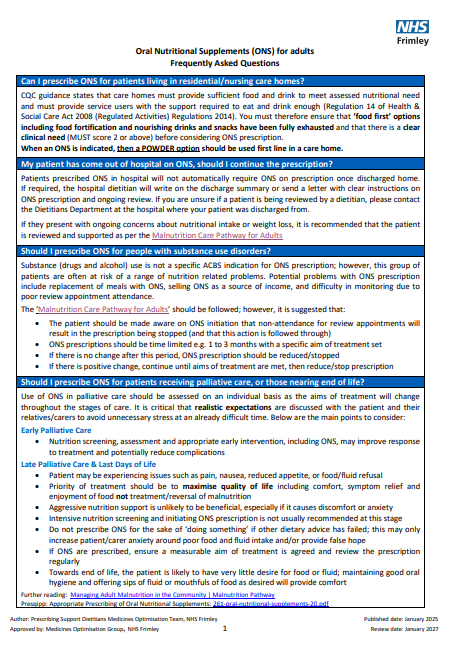 Oral Nutritional Supplements (ONS) for adults- FAQs