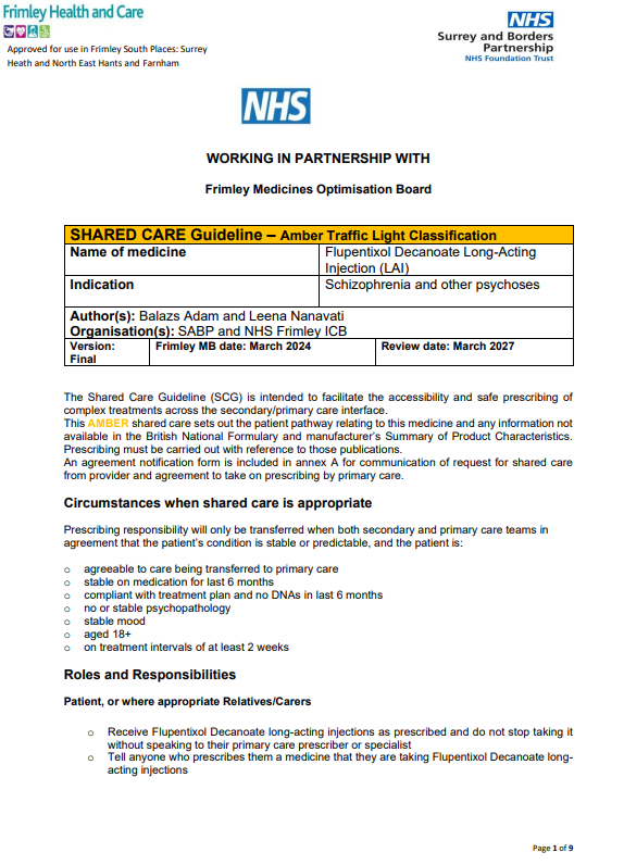 Flupentixol long acting injection for schizophrenia- shared care