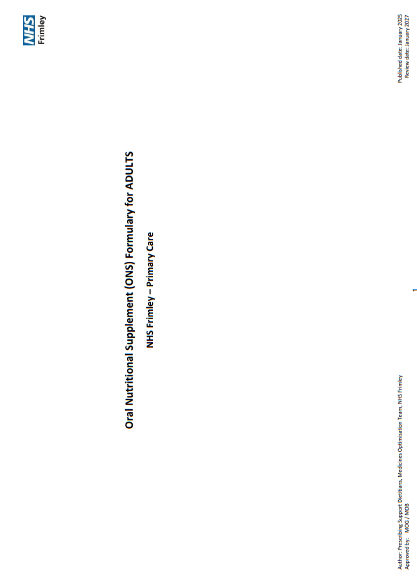 Oral Nutritional Supplement (ONS) formulary for adults