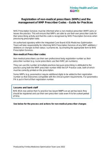 Registration of non-medical prescribers (NMPs) and the management of NMP prescriber codes