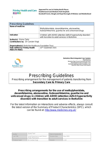 Children's ADHD (methylphenidate, dexamfetamine, atomoxetine, lisdexamfetamine, guanfacine)- shared care