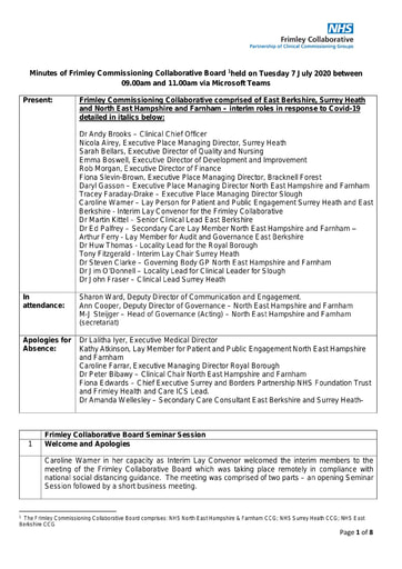 Meeting of Frimley Commissioning Collaborative Board 7 July 2020