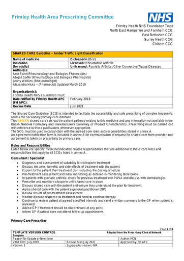 Ciclosporin in rheumatoid arthritis, psoriatic arthritis and other connective disease- shared care.
