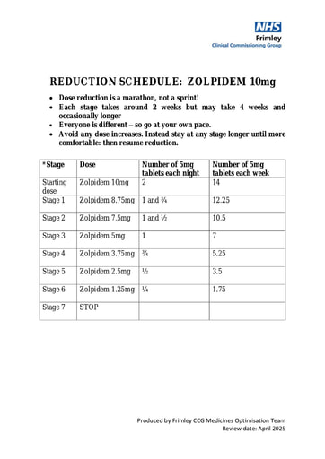Reduction schedule- zolpidem 10mg