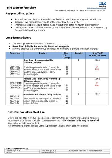 Joint catheter formulary (SH and NEHF places)