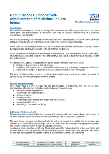 Self-administration of medicines in care homes - good practice guide