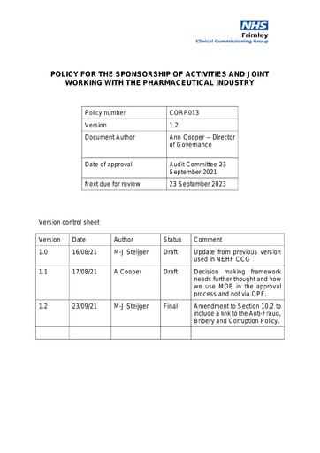 Approved Frimley CCG Working with Pharmaceutical industry policy v1 2