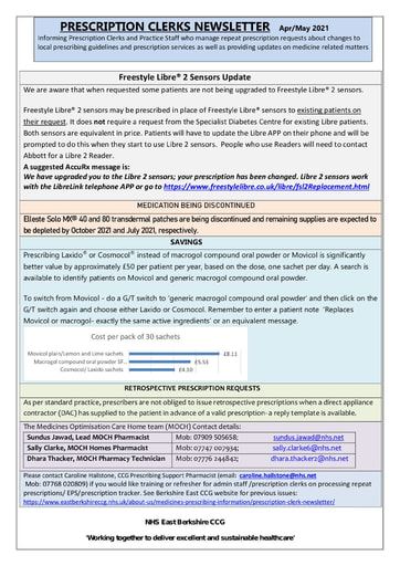 Prescription clerks newsletter- April/May 2021