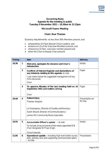 09.11.21 Governing Body Meeting in Public pack of papers